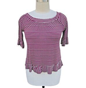 Woman's Maverick Candy Striped Burgandy and White Stripe Ruffled Sleeve Top M